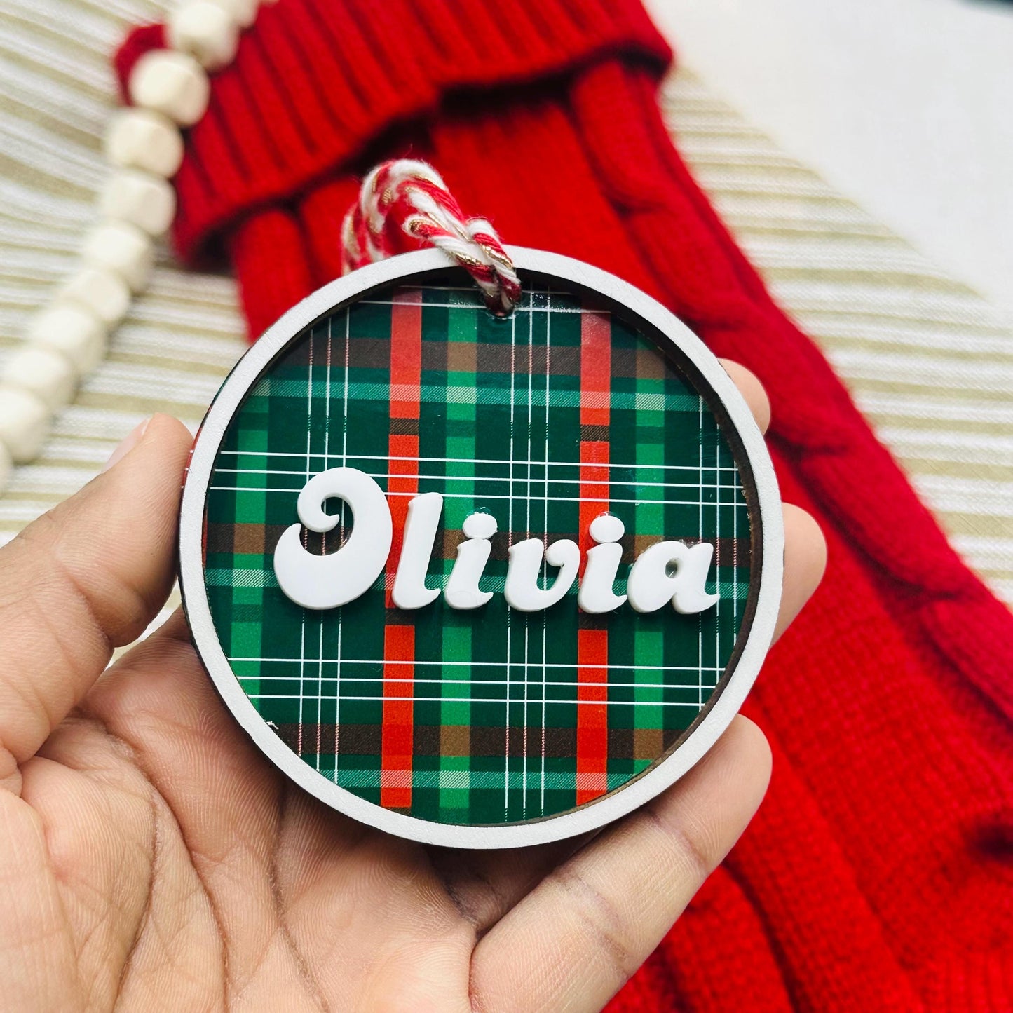 Personalized Engraved Wood Christmas Ornament: Plaid Stocking Tag