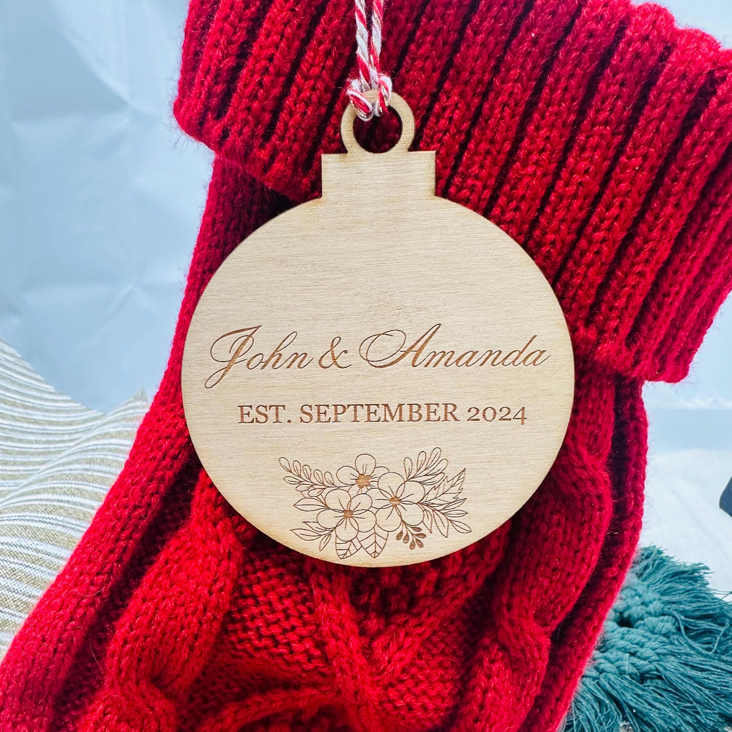 Personalized First Christmas Ornament: Newlywed Gift, Engraved Birch Wood