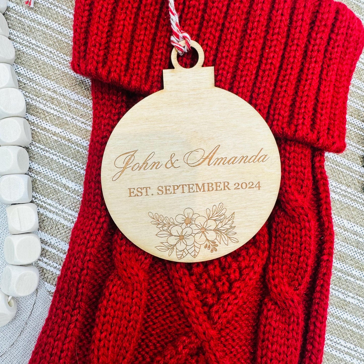 Personalized First Christmas Ornament: Newlywed Gift, Engraved Birch Wood