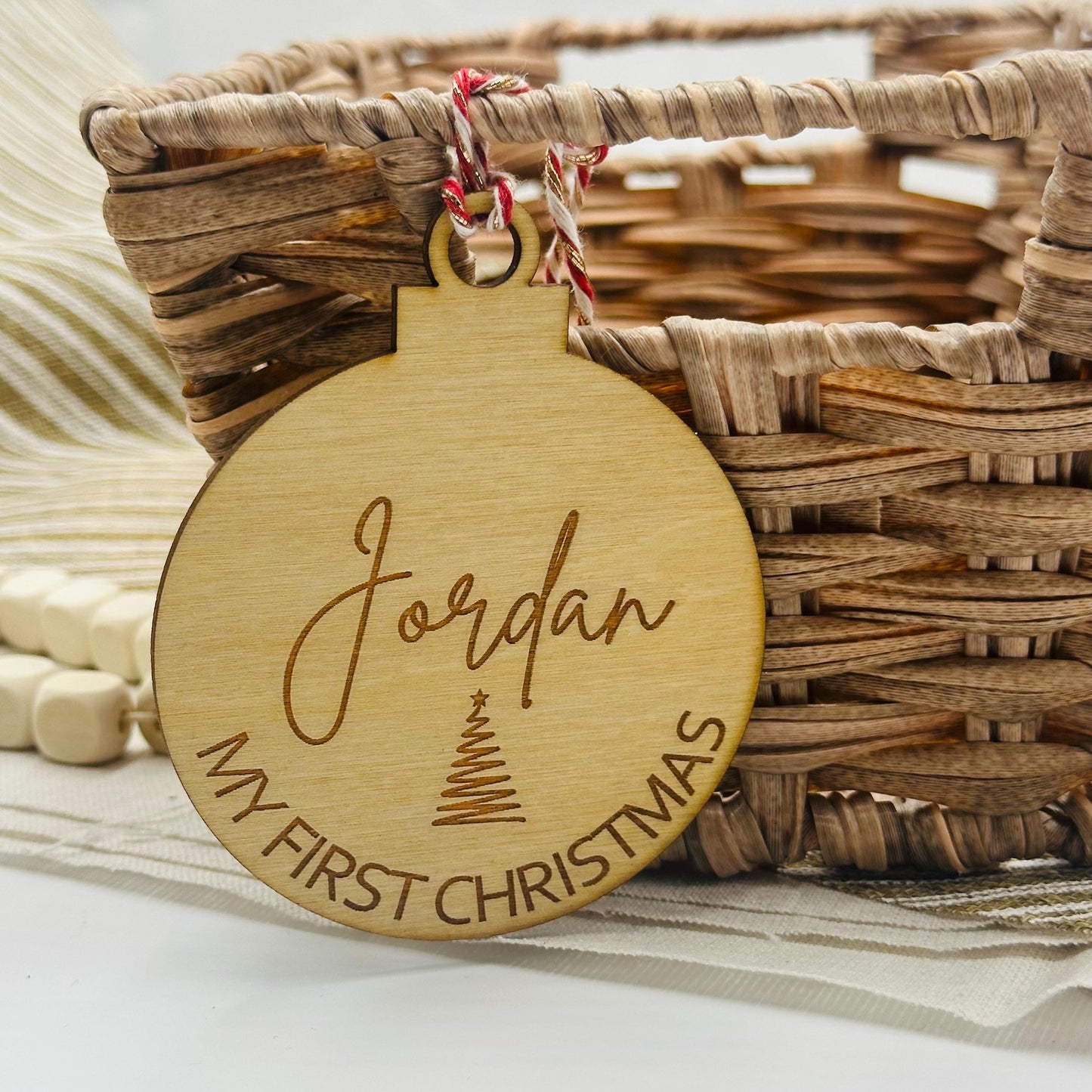 Personalized Baby's First Christmas Ornament: Engraved Birch Wood Tag