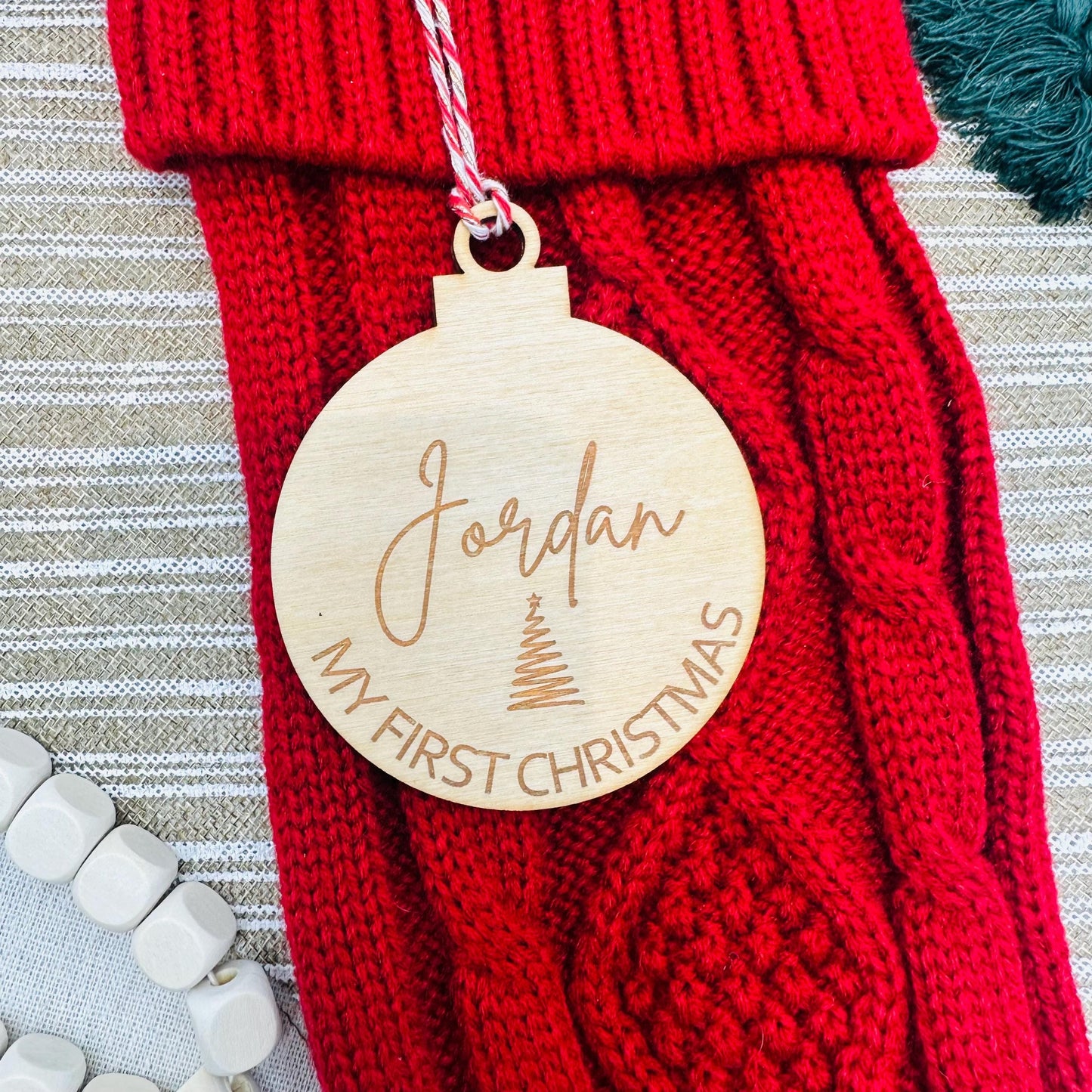 Personalized Baby's First Christmas Ornament: Engraved Birch Wood Tag