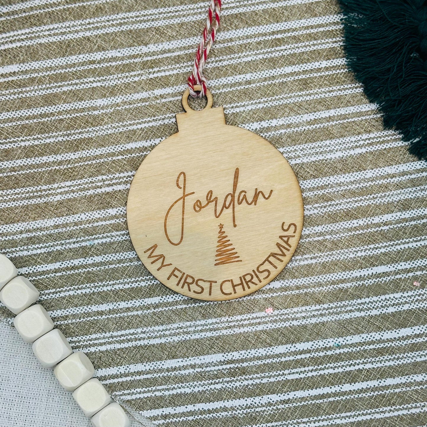 Personalized Baby's First Christmas Ornament: Engraved Birch Wood Tag