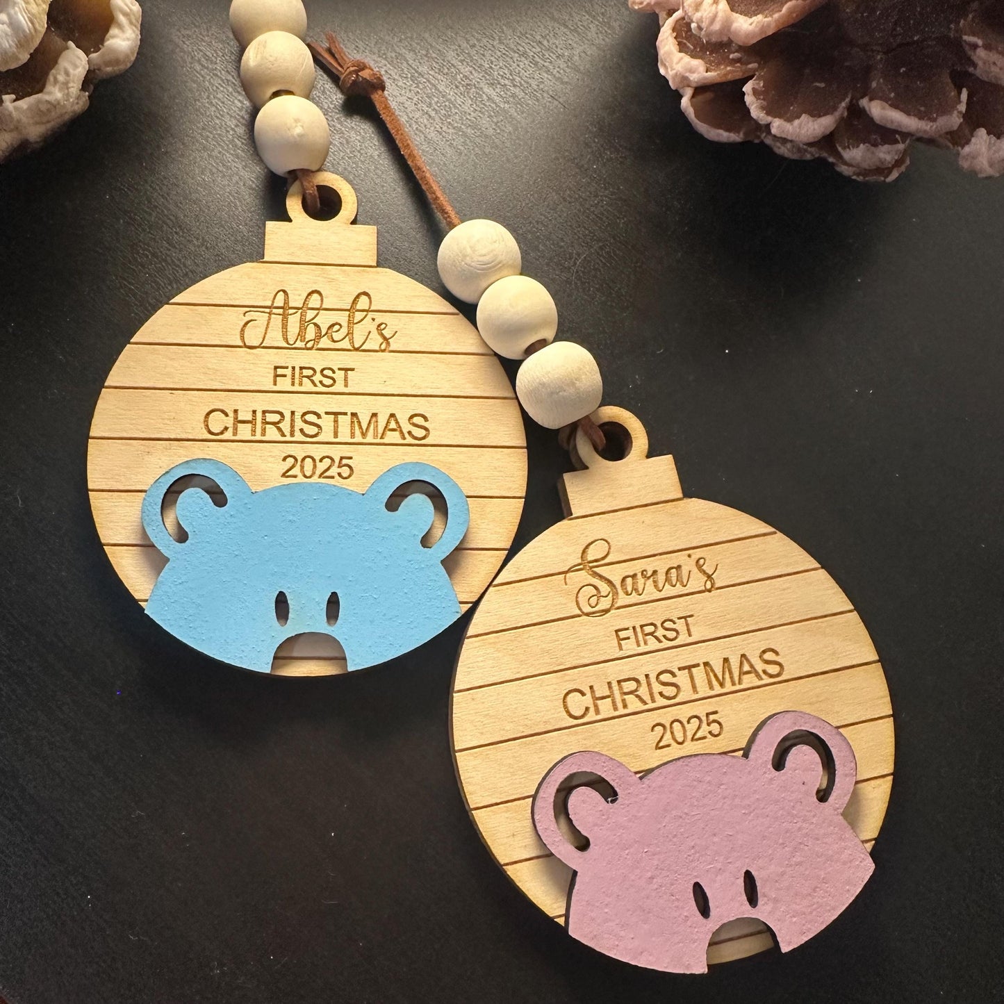 Personalized 1st Christmas Ornament: Engraved Birch Wood Baby Keepsake