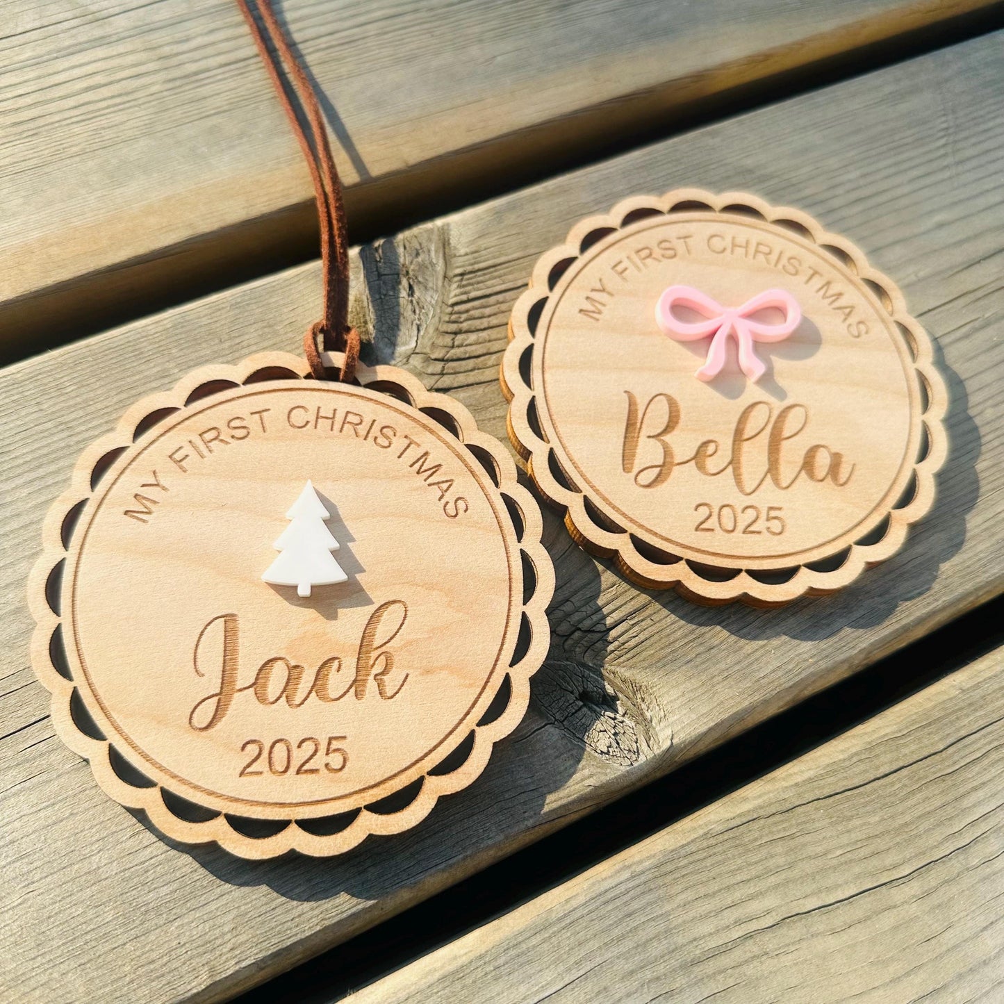 Personalized 1st Christmas Ornament: Acrylic Bow or Christmas tree option with Brown leather tag