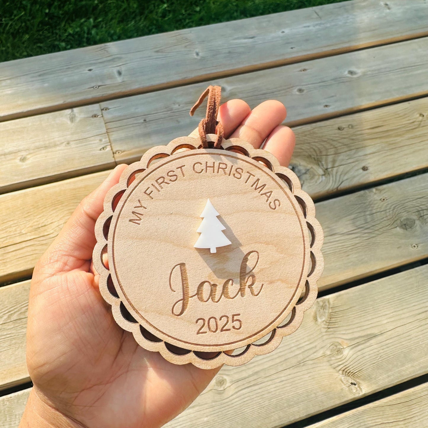 Personalized 1st Christmas Ornament: Acrylic Bow or Christmas tree option with Brown leather tag