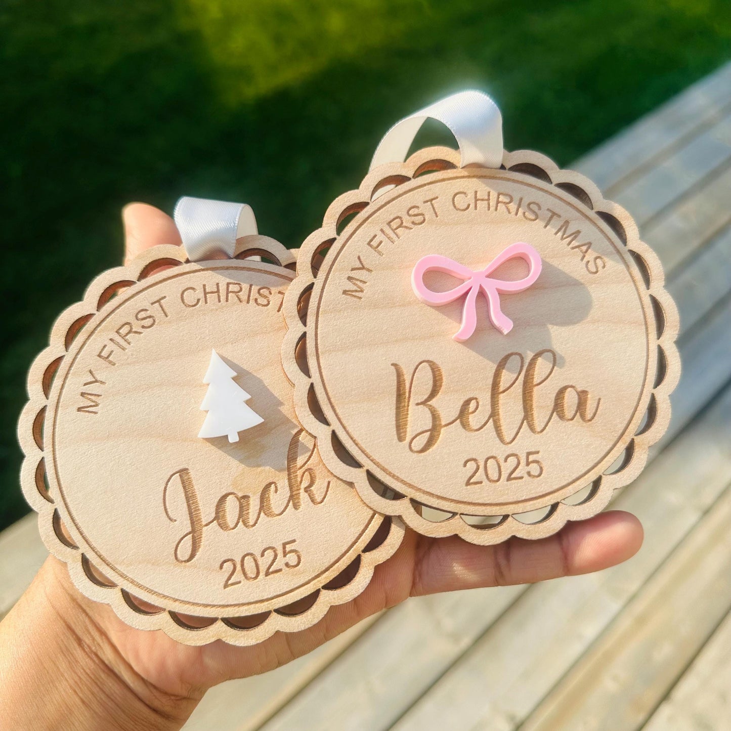 Personalized 1st Christmas Ornament: Acrylic Bow or Christmas tree option with Silver Satin Ribbon