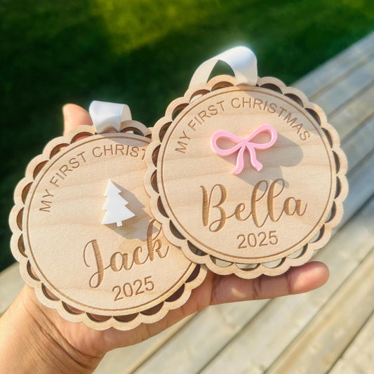 Personalized 1st Christmas Ornament: Acrylic Bow or Christmas tree option with Silver Satin Ribbon