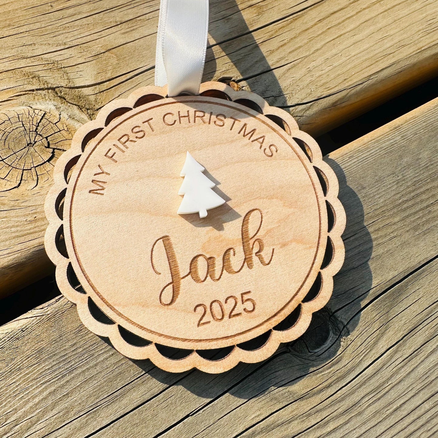 Personalized 1st Christmas Ornament: Acrylic Bow or Christmas tree option with Silver Satin Ribbon